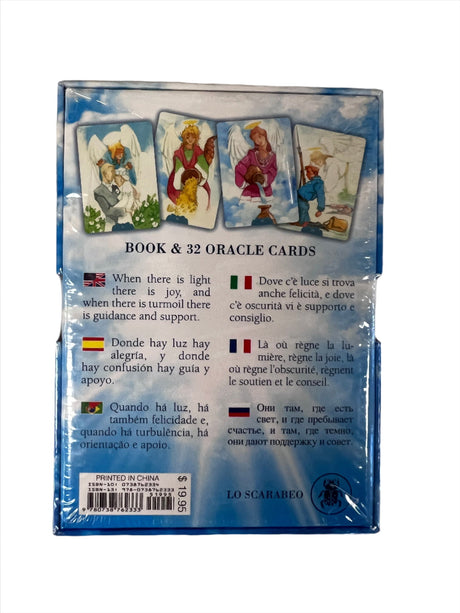 Angelic Oracle Cards - back of blue box with card images and description 