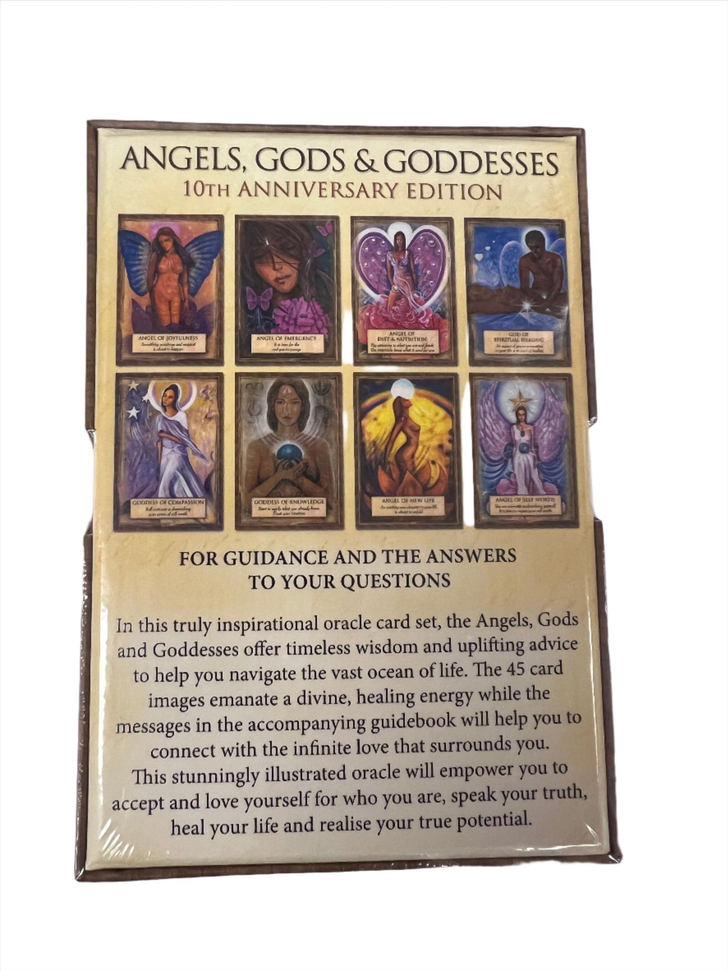 Angels, Gods and Goddesses Oracle - back of box with images of cards and some description 