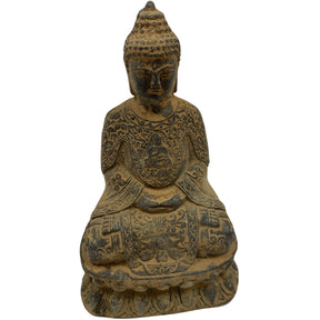 Antique bronze Buddha statue seated in meditation pose, with intricate detailing on the robes and base.