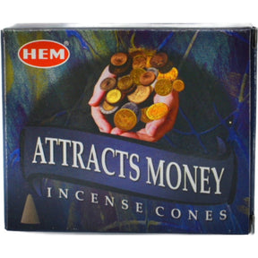 Attracts Money Incense Cones in a blue box.