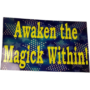 Awaken the Magick Within sticker, blue background with yellow text and dot stars.