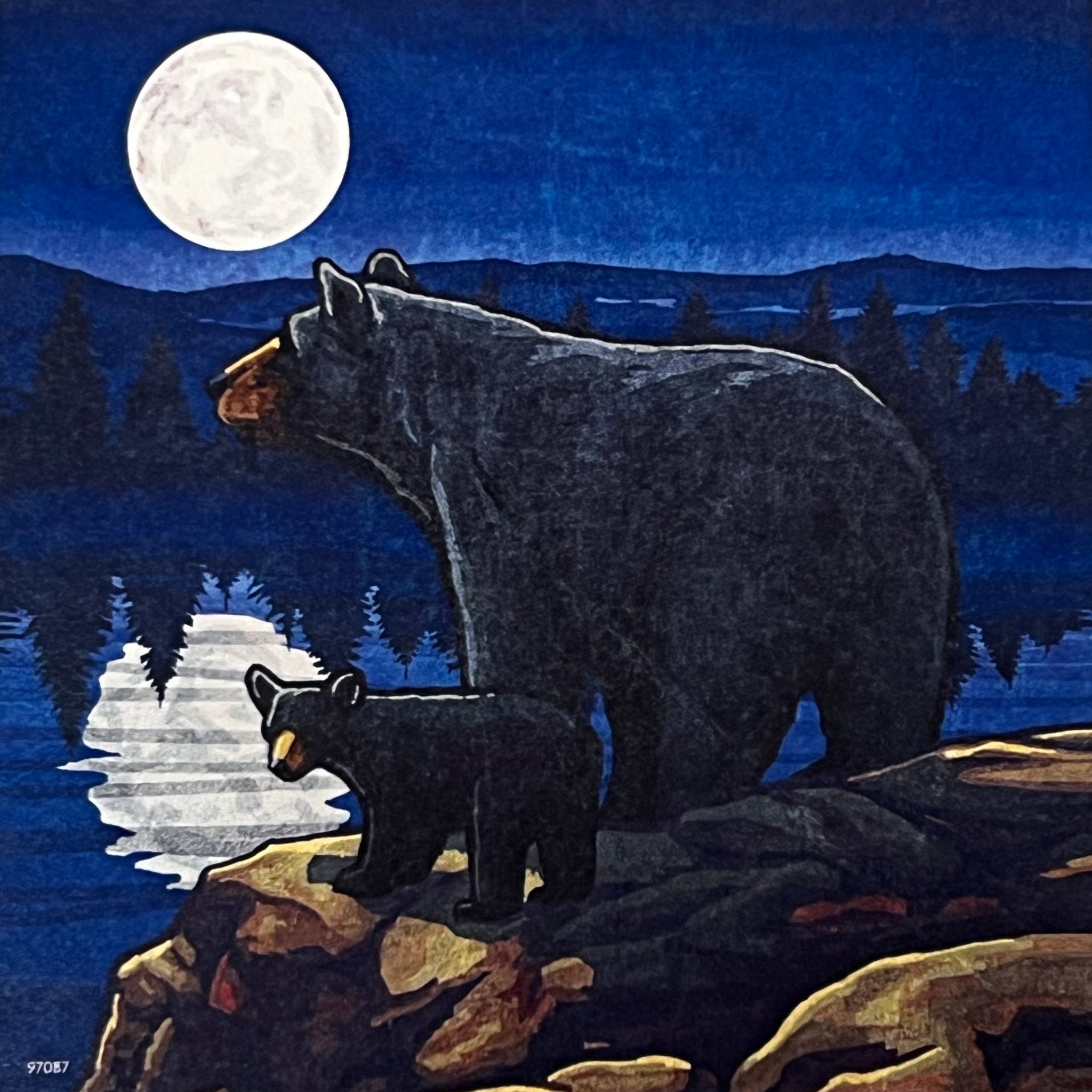 Bear and cub walking by water with full moon 