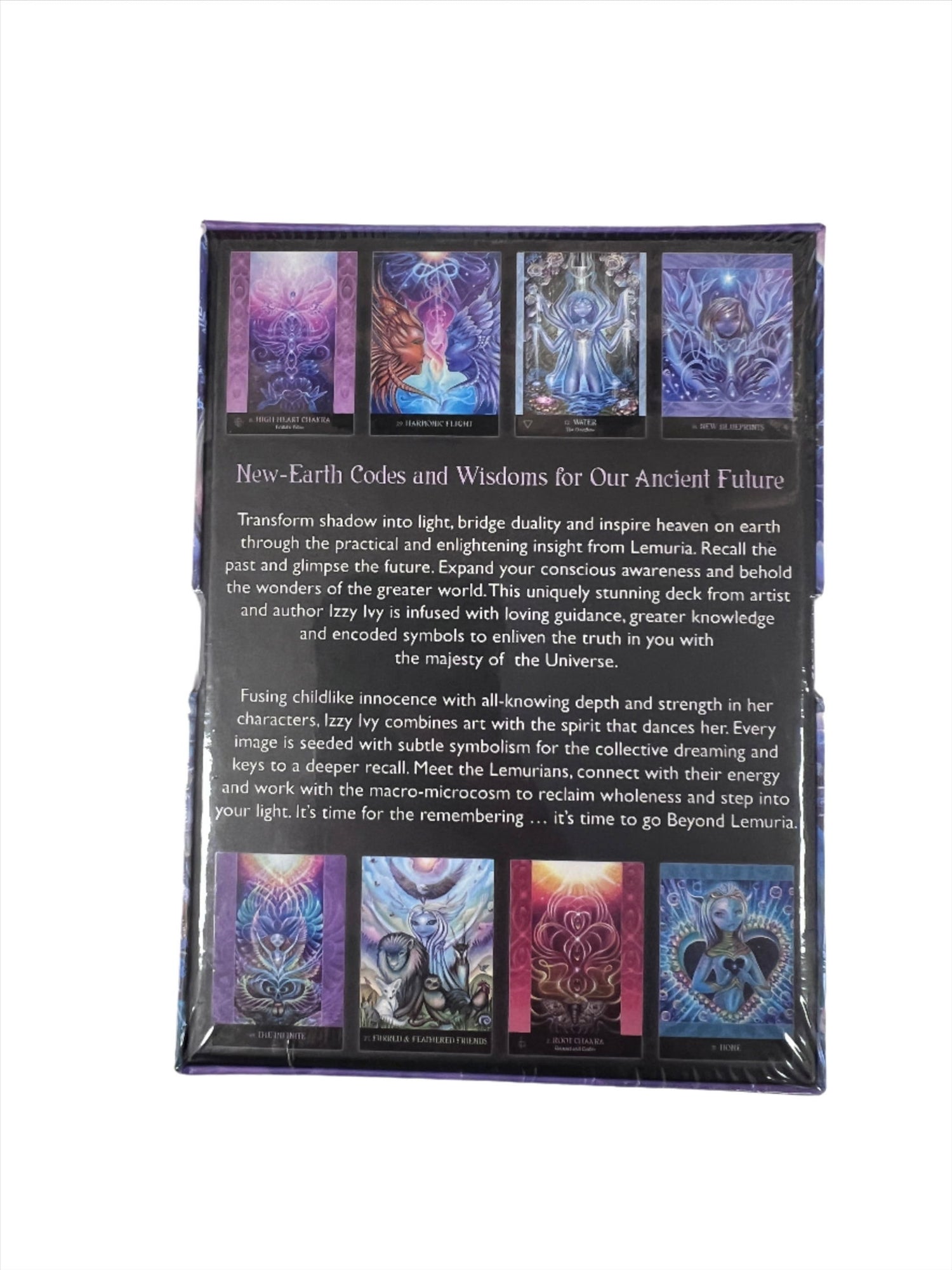 Beyond Lemuria Oracle Cards - Back of box has images of cards with descriptions  beyond lemur oracle cards 