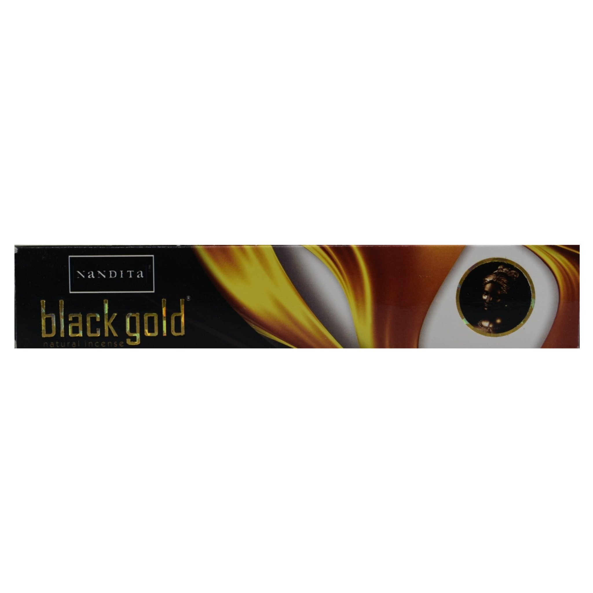 Black Gold Incense Sticks.  The box has a black background on the left side.  The title Black Gold natural incense is in gold.  The rectangle above the title lists the company name Nandita.  The middle and right side give the impression the gold is flowing with some white background.  In the white area is a black background coin with a gold bust in it and the outside circle is gold.  