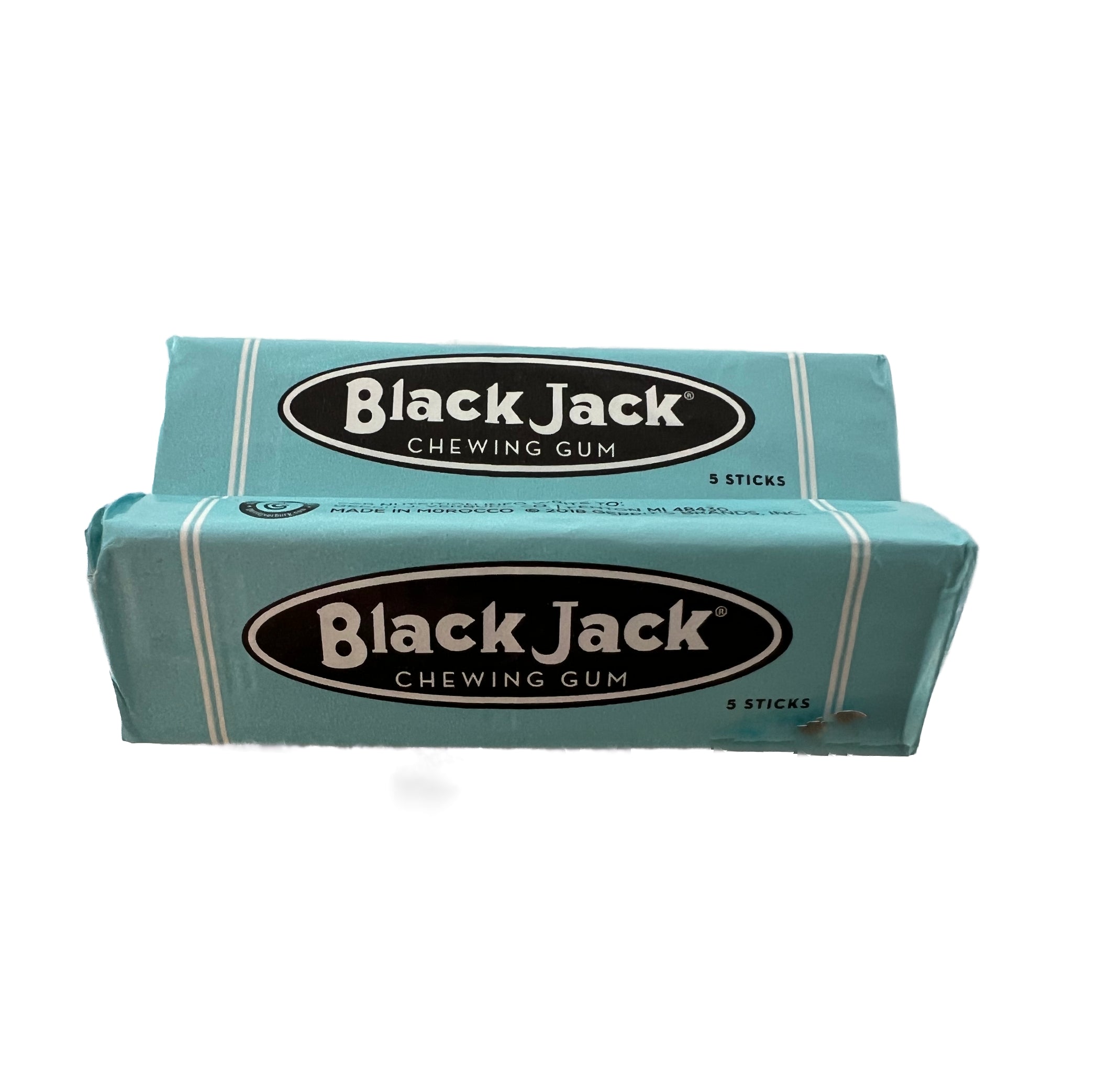 Light blue pack of stick chewing gum 5 sticks per pack Black Jack