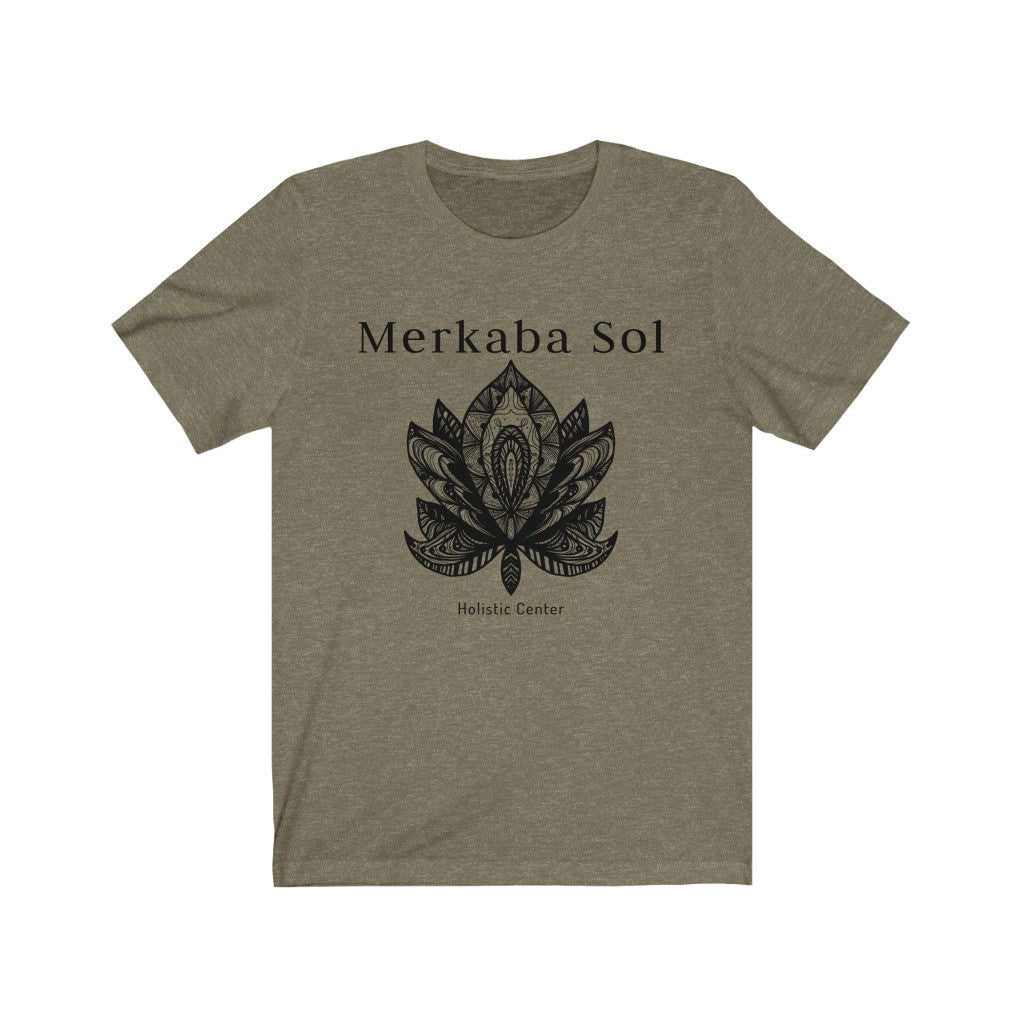 Black Lotus Short Sleeve Tee - Black Lotus recreated in a unique drawing. Bring inspiration and empowerment to your wardrobe with this Black Lotus t-shirt in olive color or give it as a fun gift. From merkabasolshop.com