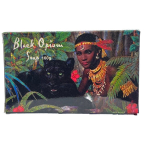 Black bar soap with a label that reads "Black Opium Soap 100g."