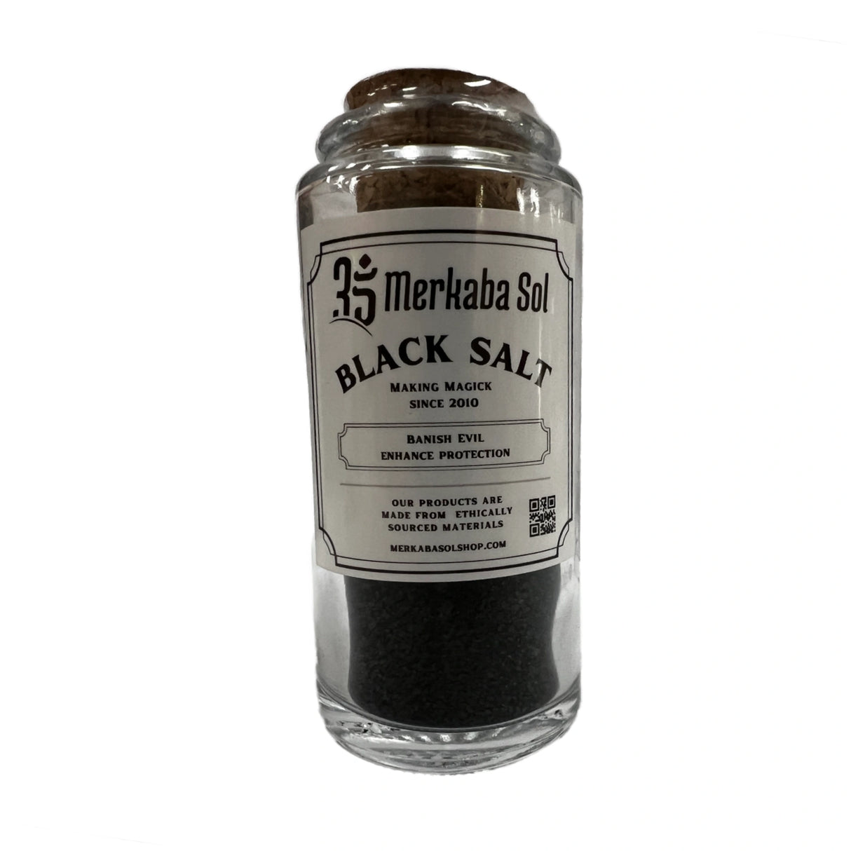 Black Salt - Tall glass jar with cork top, white label 
