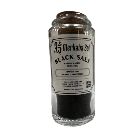Black Salt - Tall glass jar with cork top, white label 