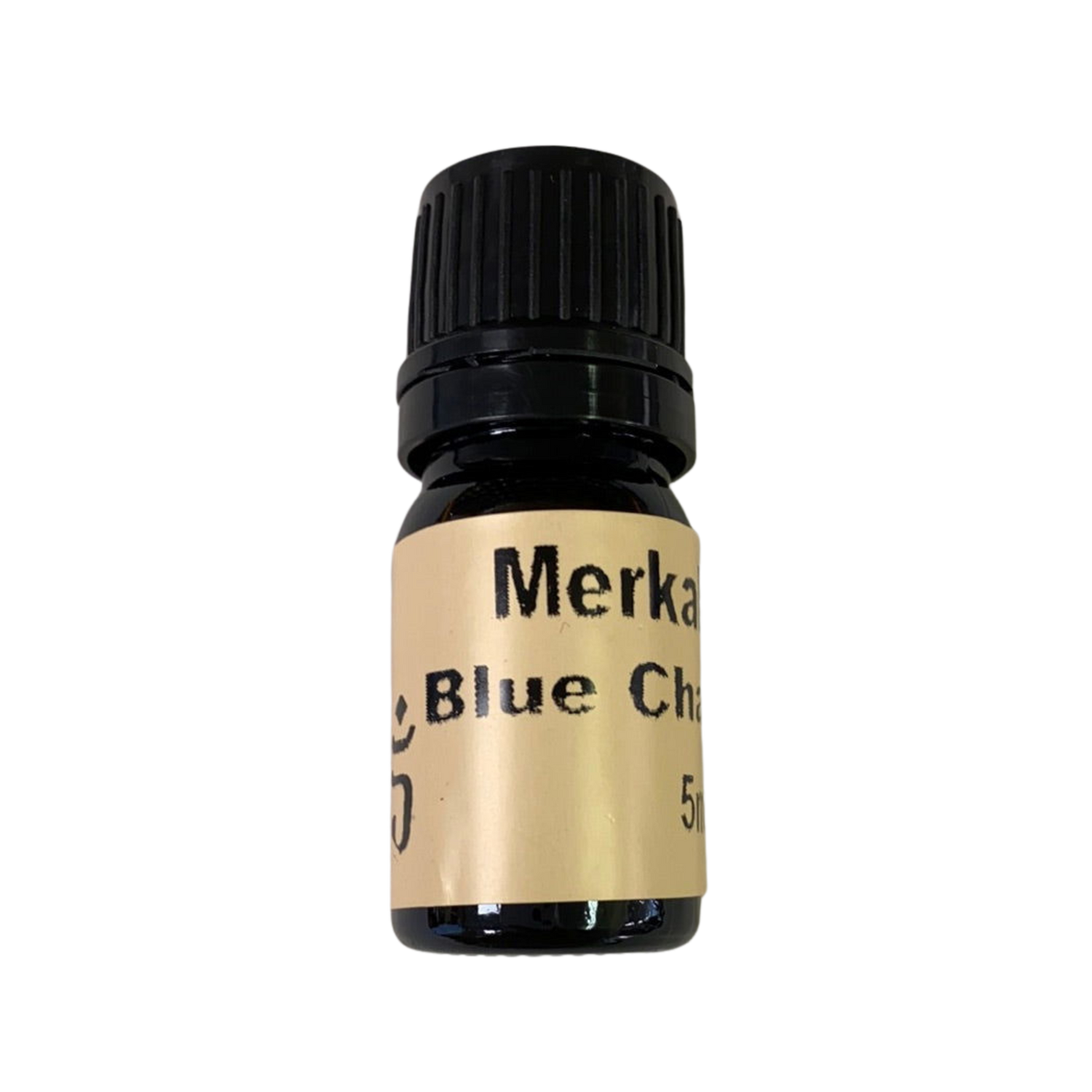 Blue Chamomile Essential Oil - Blue Chamomile Essential Oil in a small amber colored bottle with light brown label and black screw cap.