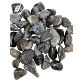 Grayish-blue chert tumbled stones with white and black patterns, smooth and polished.