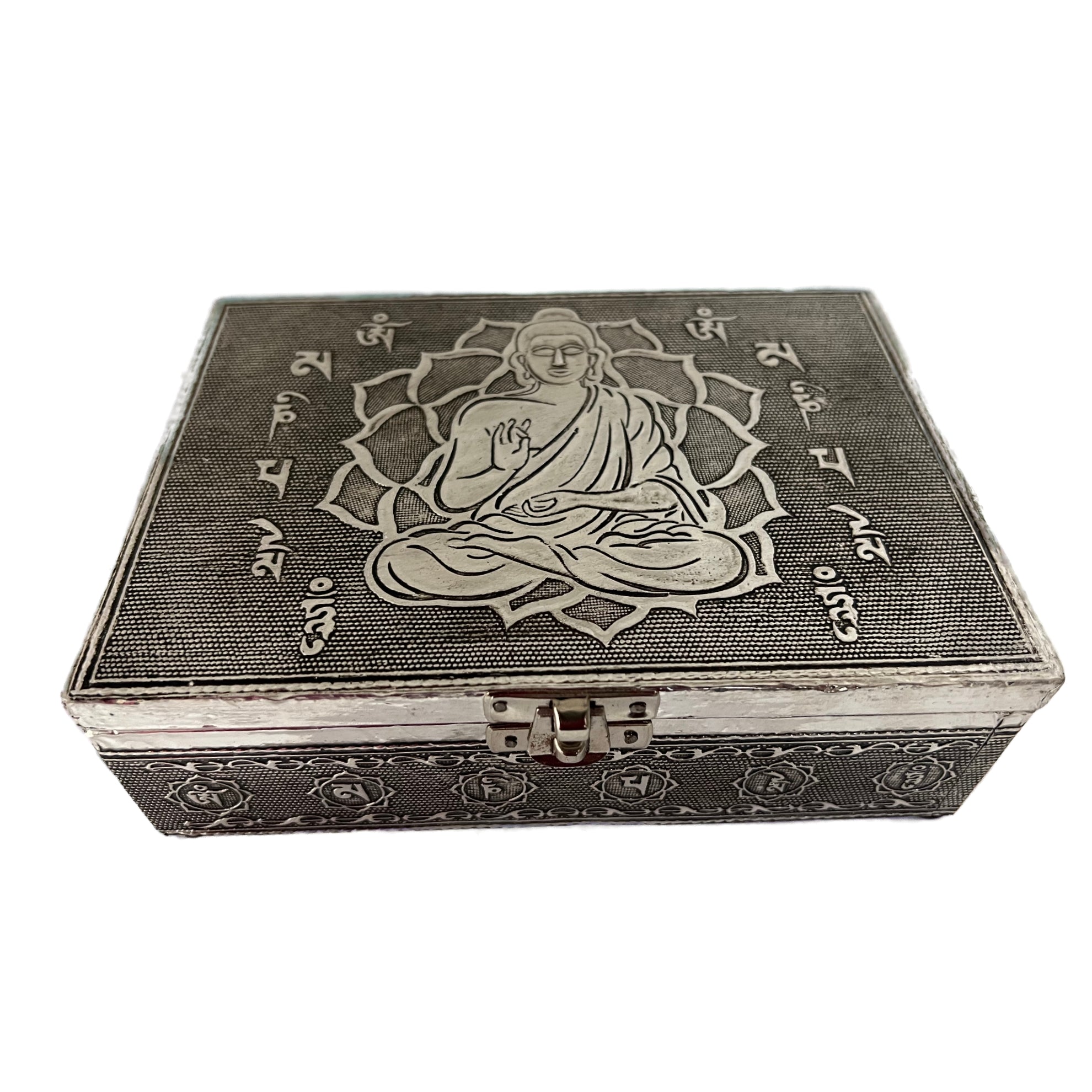 Silver foiled box with clasp, buddha engraved top 