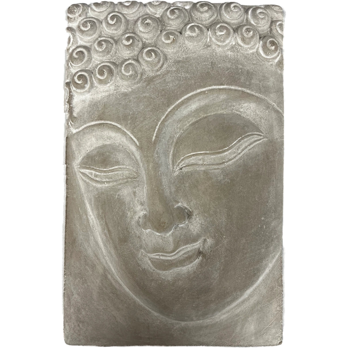 Gray stone wall plaque with a carved Buddha face.