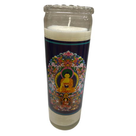 Buddha Glass Jar Candle - A piece Buddha Glass Jar Candle with  an image of Buddha attached to the glass