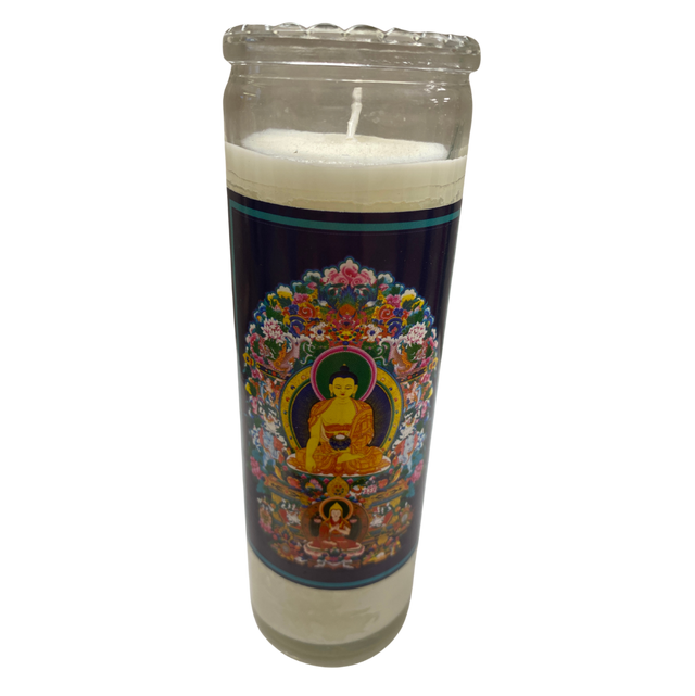 Buddha Glass Jar Candle - A piece Buddha Glass Jar Candle with  an image of Buddha attached to the glass