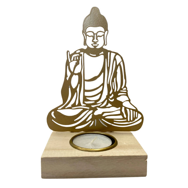 White ceramic candle holder shaped like a Buddha figure.