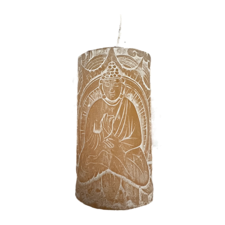 Buddha Votive Candle - 2" carved tan colored  votive candle with image of buddha 