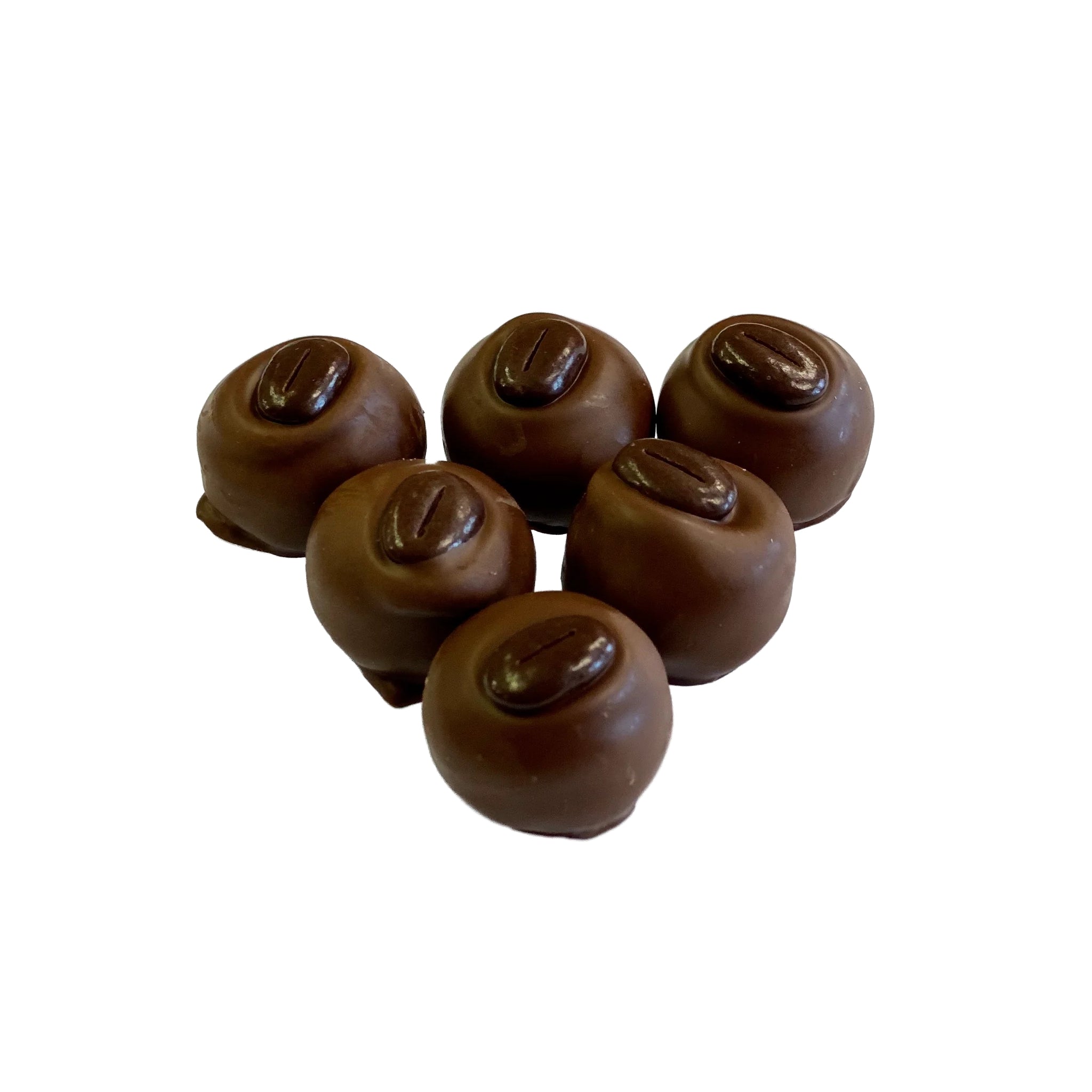 Large round marble size milk chocolate balls with a chocolate coffee bean in center 