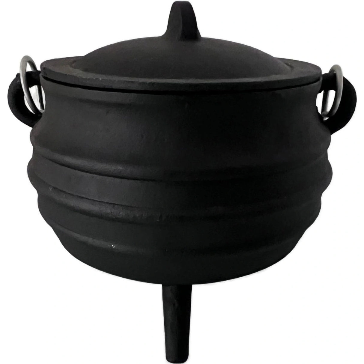 Small black cast iron cauldron with a lid and three legs.