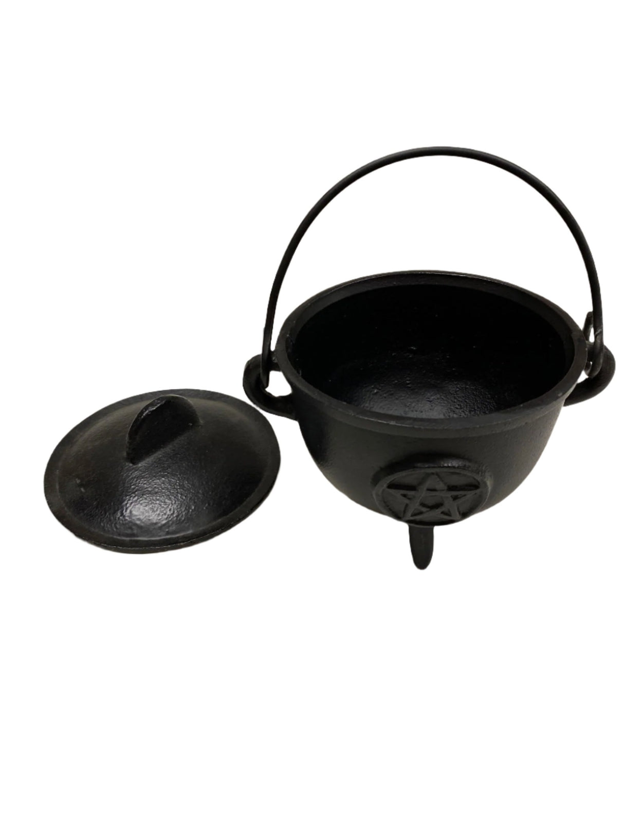 Cast Iron Cauldron Pentacle - small rounded black cast iron cauldron with lid off to side raised pentacle design 