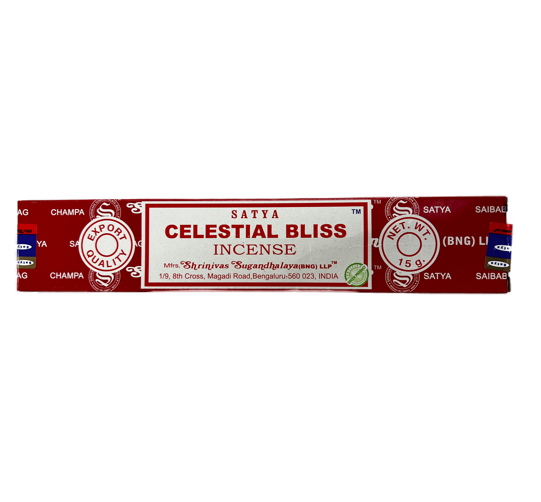 Celestial Incense Sticks. Brown colored box with company name as well as company words listed as a decoration pattern. In the middle of the cover is a white rectangle and red border creating an inner box. Blue oval is the company name Satya. Below that is the title Celestial Incense. At the bottom of the box is the manufacturer&