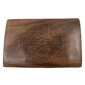 Celtic Cross Wooden Carved Box - Smooth wooden box,  engraved Celtic cross, dark brown 