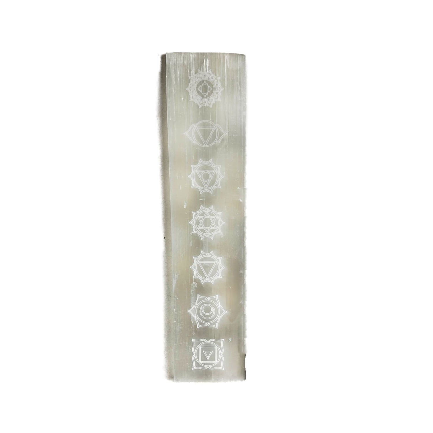 Chakra Selenite Plate - White Selenite with chakra symbols etched into it 