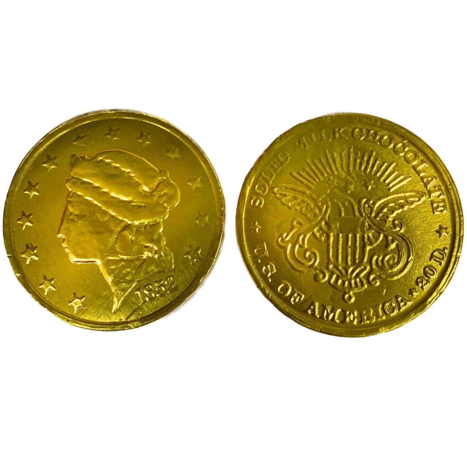 Chocolate Gold Coin - Chocolate Gold Coin.  Half dollar size, heavy weight, golden foil coin with solid milk chocolate inside. 