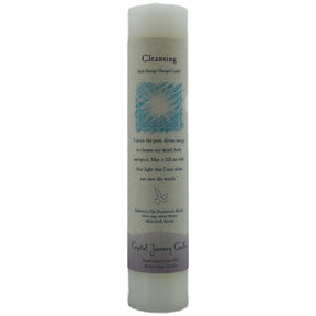 White candle with "CLEANSING" label.