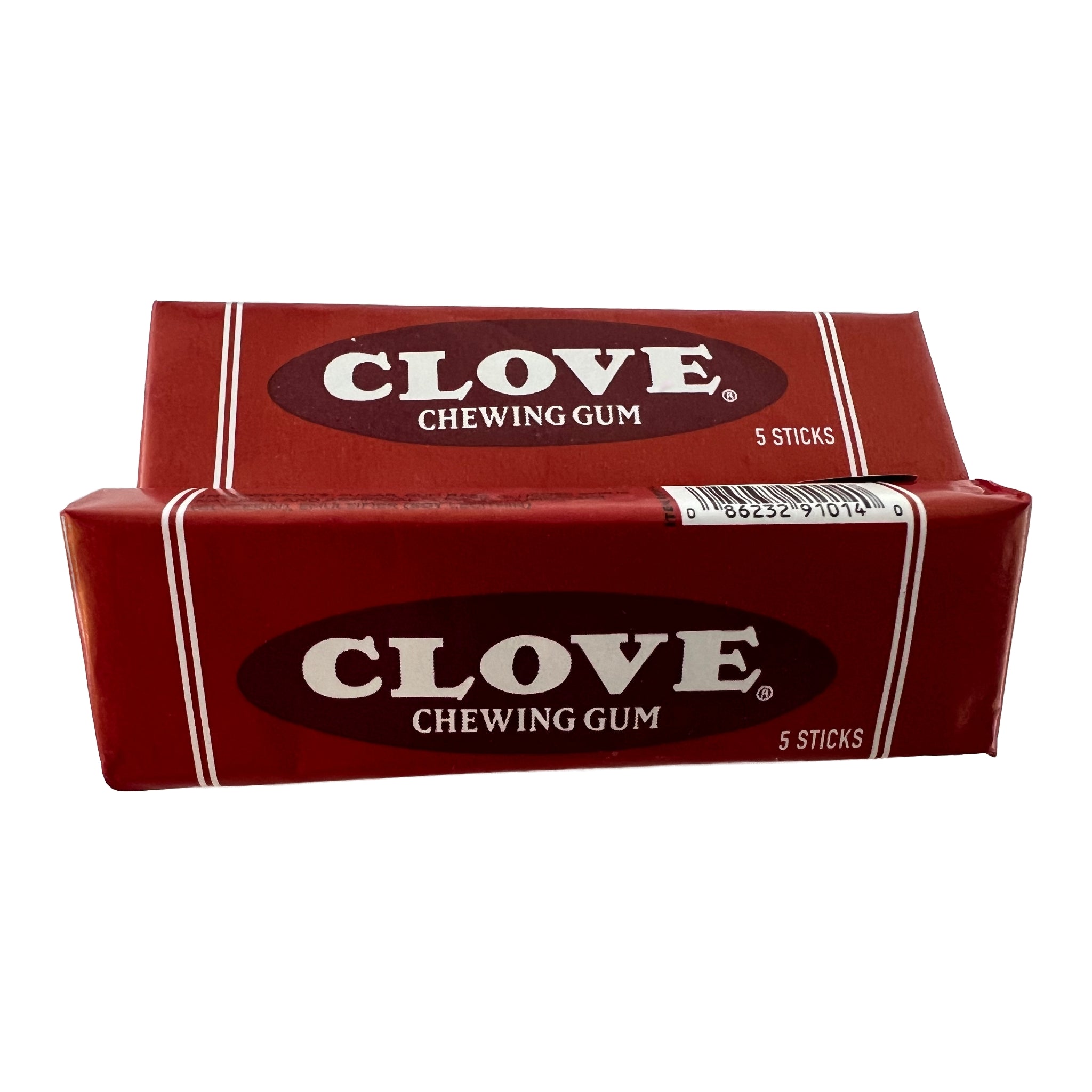 Clove Gum.  This red package with the name of the Clove Chewing Gum in a burgundy oval has five sticks of gum in the package.