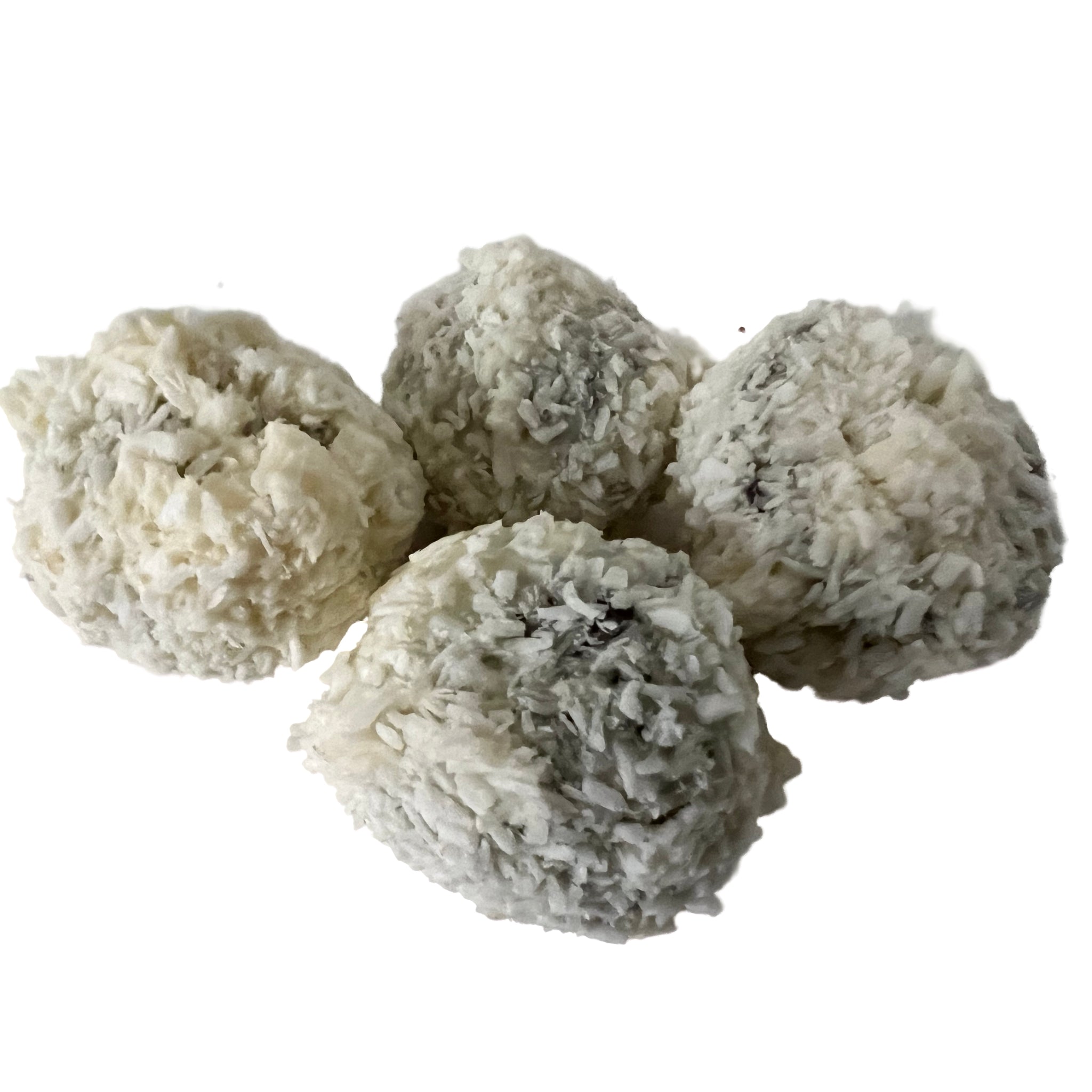 Coconut Snowball Dark Chocolate Truffle.  Round snowball with white center covered with a layer of caramel, then a layer of dark chocolate topped with a white sugared coconut topping.