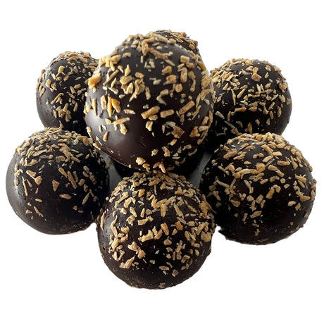 Coconut Dark Chocolate Truffle - Coconut Dark Chocolate Truffle.  Round dark chocolate balls with toasted coconut sprinkles. 