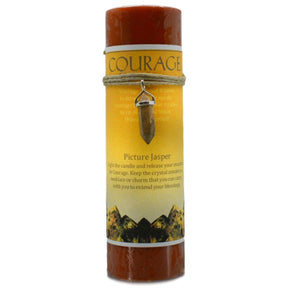 Orange candle with "COURAGE" label and picture jasper pendant.
