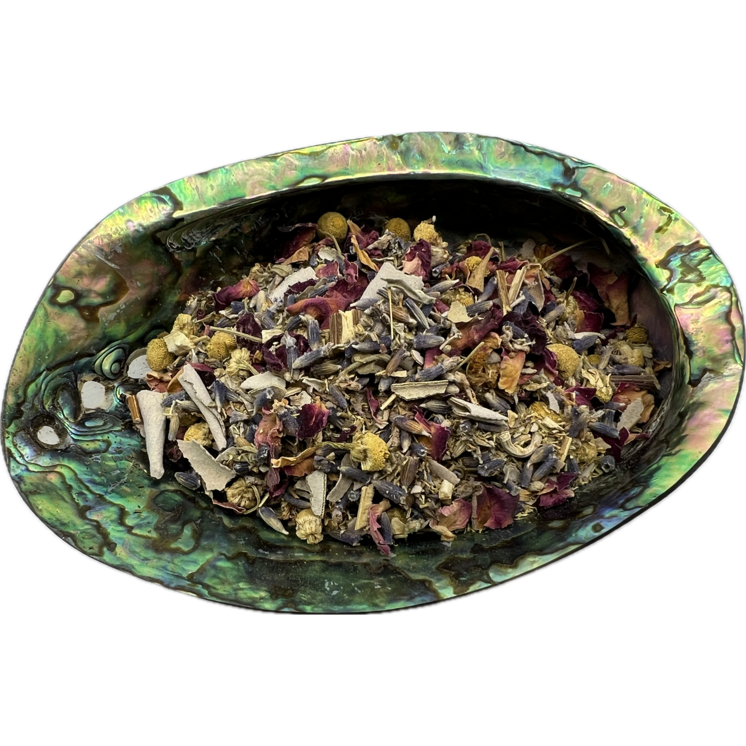 Crown Chakra Herb Mix Bag - Dried mixed herbs named Crown Chakra Herb Mix placed on a colorful shell bowl
