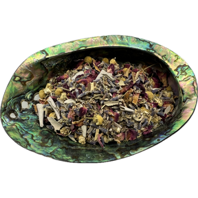 Crown Chakra Herb Mix Bag - Dried mixed herbs named Crown Chakra Herb Mix placed on a colorful shell bowl