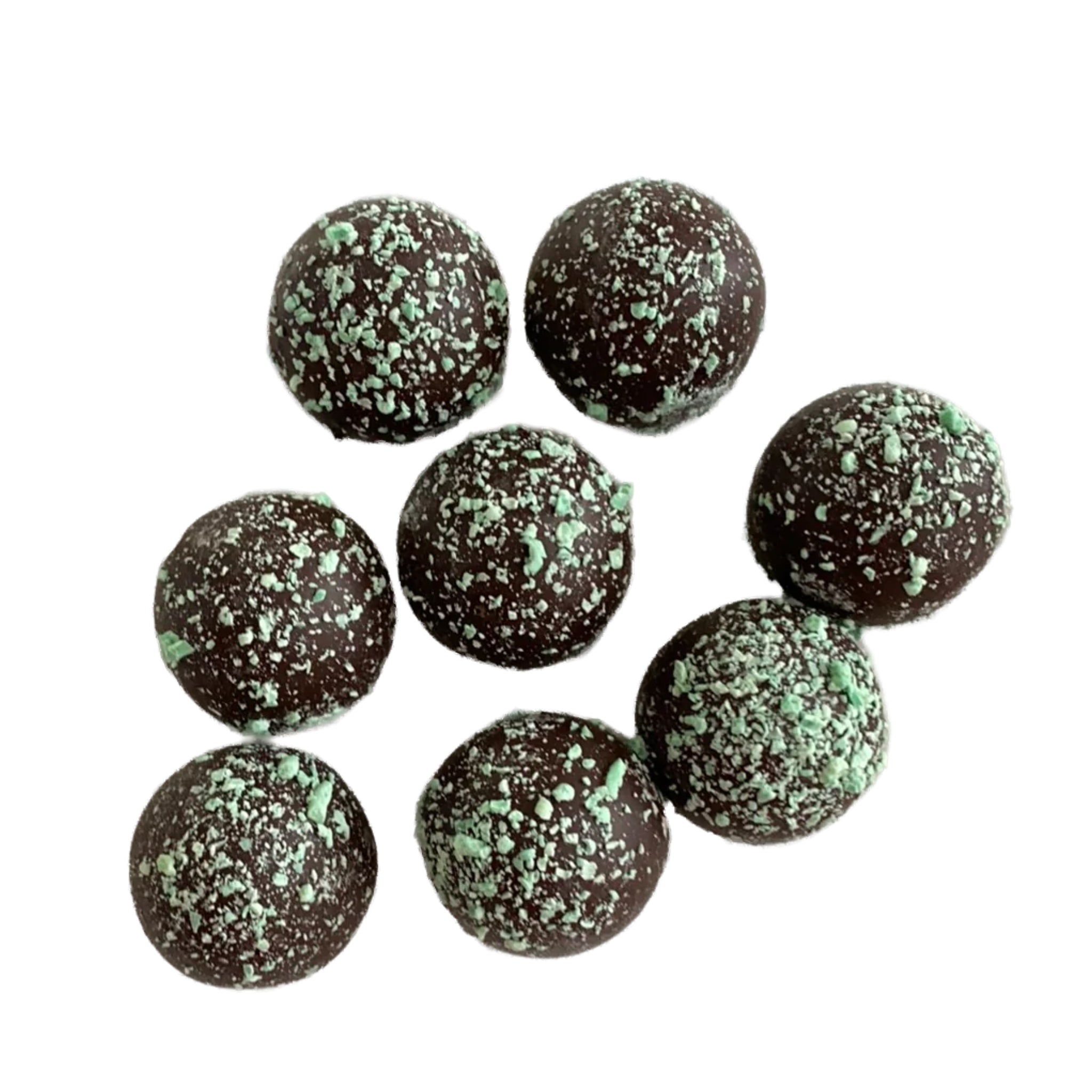 Round Marble Size dark chocolate balls with green sprinkles on top 