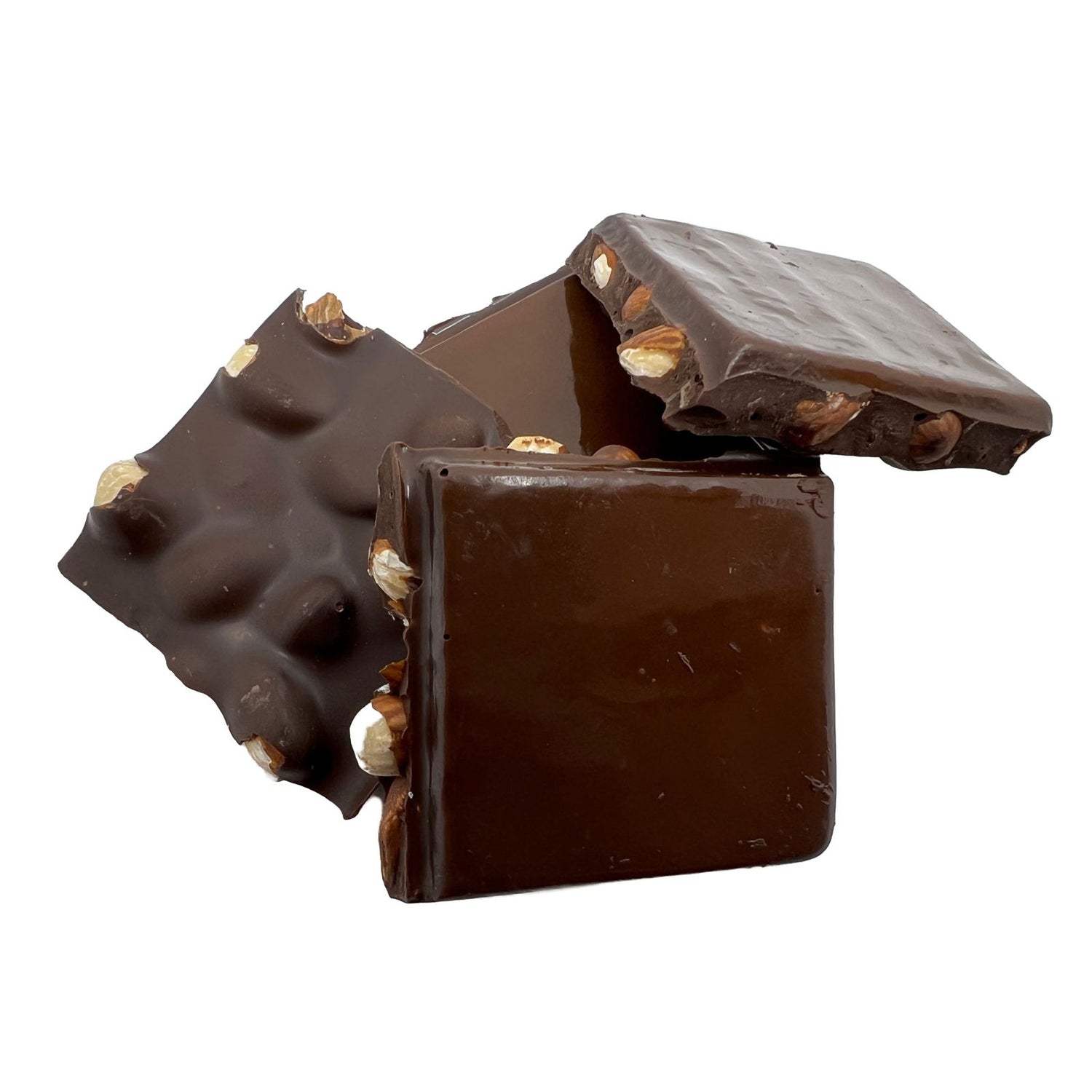 Dark Chocolate Almond Bark - Dark Chocolate Squares with almonds showing 