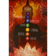 Orange background with a Buddha silhouette and the words "DIVINE," "CONNECTED," "LOVED," "JOYFUL," "STRONG," and "ROOTED" written around it.