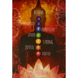 Orange background with a Buddha silhouette and the words "DIVINE," "CONNECTED," "LOVED," "JOYFUL," "STRONG," and "ROOTED" written around it.