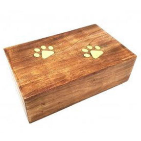 Dog Paw Brass Inlay Wood Box lg - Natural colored wooden box with 2 brass inlaid  dog paws 
