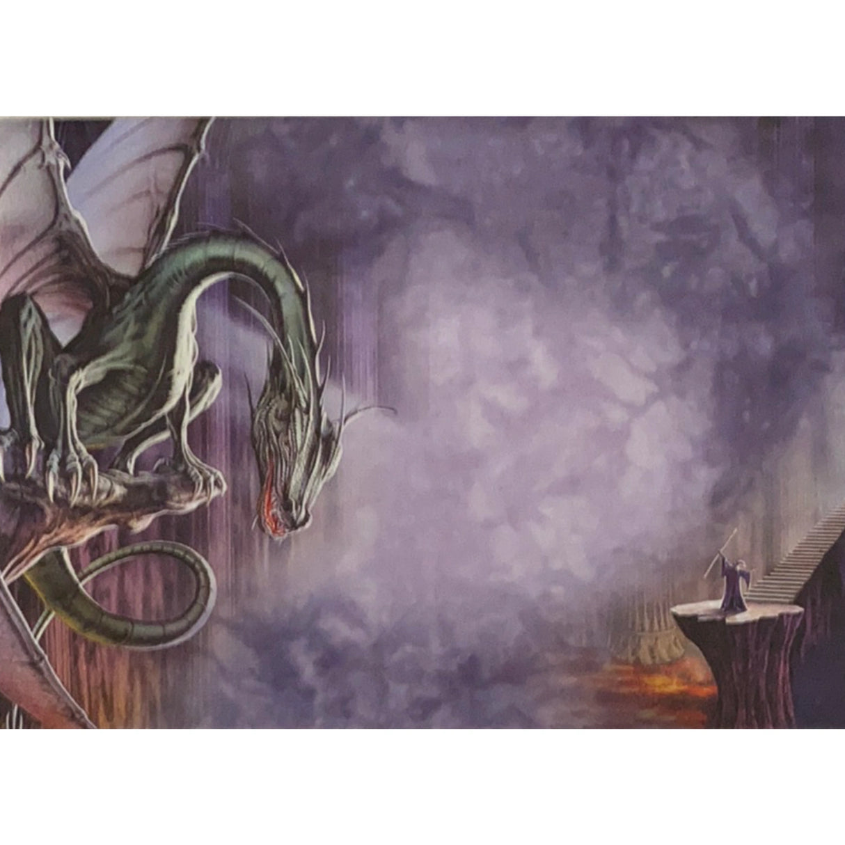 A large green dragon perched on a rock, facing a wizard on a platform above a fiery abyss.