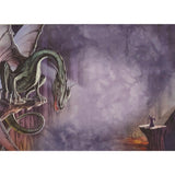 A large green dragon perched on a rock, facing a wizard on a platform above a fiery abyss.