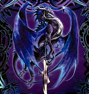 Blue dragon with wings outstretched, holding a sword, surrounded by dragon-like patterns.