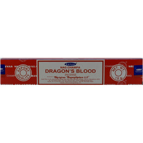 Satya Nag Champa Dragon's Blood Incense Sticks in a red box.