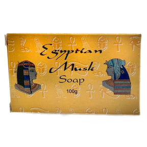Yellow soap box with a black border and gold accents. The label reads "Egyptian Musk Soap 100g" and features two images of Egyptian women.