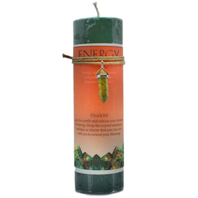 Green candle with "ENERGY" label and unakite pendant.