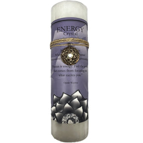 White candle with "ENERGY" label and crystal pendant.
