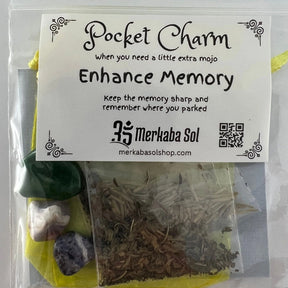 Enhancing Memory Pocket Charm Kit with Transparent packaging, White label, and Black text.