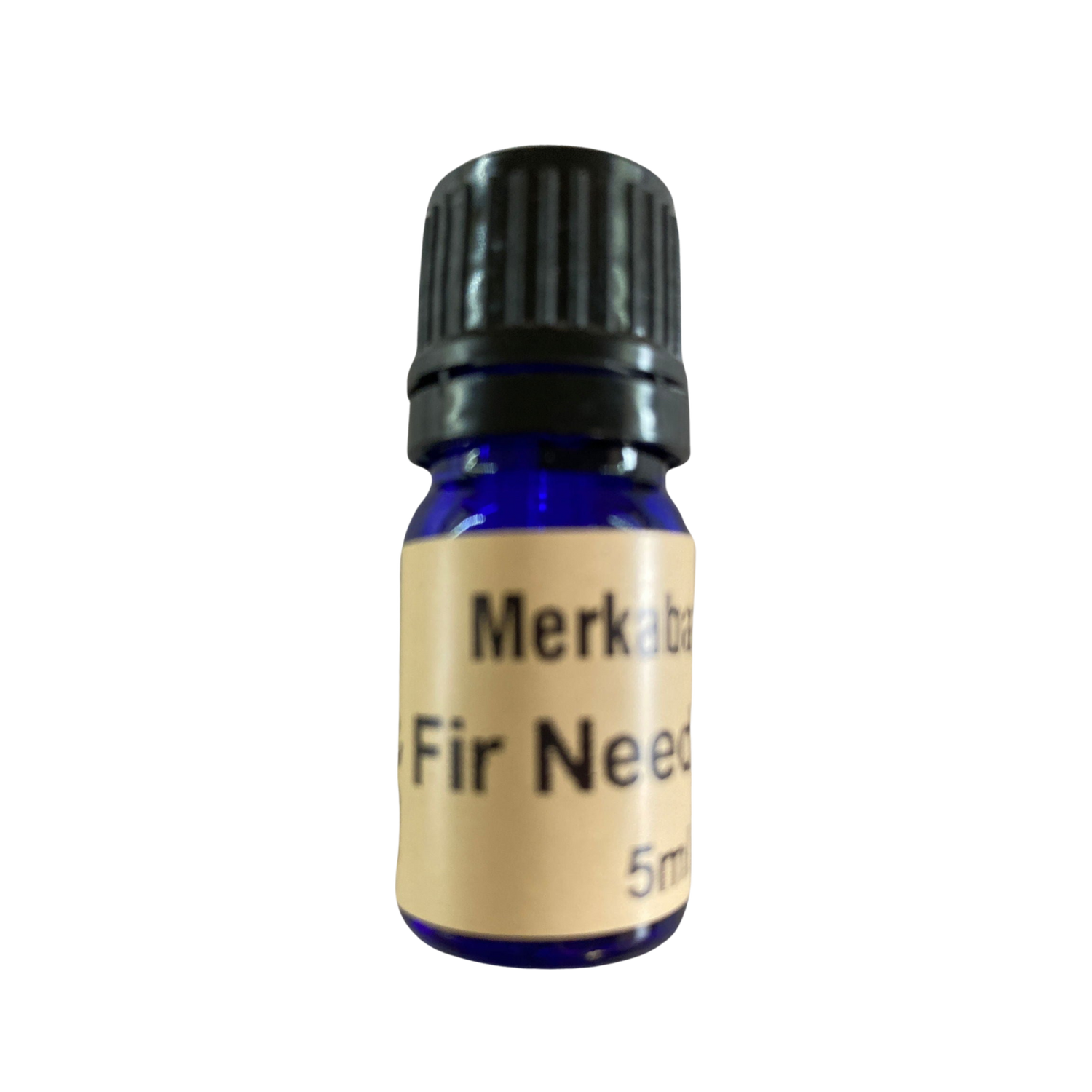 Fir Needle Essential Oil - Fir Needle Essential Oil in a small blue colored bottle with light brown label and black screw cap.