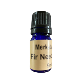 Fir Needle Essential Oil - Fir Needle Essential Oil in a small blue colored bottle with light brown label and black screw cap.
